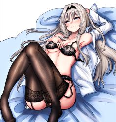 Rule 34 | 1girl, absurdres, an-94 (girls&#039; frontline), bed sheet, black bra, black panties, black thighhighs, blue eyes, blush, bra, breasts, cameltoe, commentary, english commentary, garter belt, garter straps, girls&#039; frontline, grey hair, highres, lingerie, long hair, medium breasts, open clothes, open shirt, panties, peroronti, shirt, simple background, solo, thighhighs, underwear, white shirt