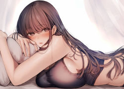 Rule 34 | 1girl, amane ruri, bare arms, bare shoulders, black tank top, blush, breasts, brown eyes, brown hair, commentary, commentary request, large breasts, lips, long hair, looking at viewer, lying, on stomach, original, parted lips, pillow, sleeveless, solo, tank top, upper body