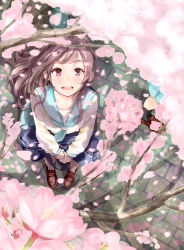 Rule 34 | 2girls, bad id, bad pixiv id, bag, brown hair, cherry blossoms, flower, highres, loafers, long hair, looking up, multiple girls, natsui tuna, original, out of frame, petals, pink eyes, school bag, school uniform, serafuku, shoes, smile, solo focus