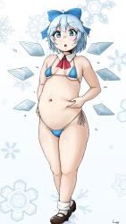 Rule 34 | 1girl, belly grab, blue bra, blue eyes, blue hair, blue panties, blue ribbon, blush, bow, bowtie, bra, breasts, brown footwear, cirno, commentary request, detached collar, full body, hair bow, highres, looking at viewer, medium breasts, medium hair, navel, open mouth, panties, plump, raised eyebrow, red bow, red bowtie, ribbon, shadow, shigekikkusu, shoes, side-tie panties, signature, skindentation, snowflakes, socks, solo, standing, string bra, string panties, tareme, thick thighs, thighs, touhou, underwear, white socks, wing collar