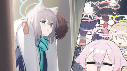 Rule 34 | 1boy, 5girls, animal ear fluff, animal ears, aqua eyes, ayane (blue archive), black hair, blue archive, blue jacket, blue scarf, braid, brown hair, cat ears, chibi, collared shirt, commentary request, confused, extra ears, glasses, grey hair, hair between eyes, halo, hoshino (blue archive), jacket, junu (jwoo5627), korean commentary, long sleeves, medium hair, multiple girls, nonomi (blue archive), parted lips, pink hair, pink halo, pleated skirt, problem solver sensei (blue archive), revision, scared, scarf, school uniform, sensei (blue archive), serika (blue archive), shiroko (blue archive), shirt, skirt, striped clothes, striped scarf, upper body, wavy mouth, white jacket, white shirt, wolf ears