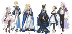 Rule 34 | 2boys, 4girls, ahoge, alternate costume, arthur pendragon (fate), artoria pendragon (all), artoria pendragon (fate), artoria pendragon (lancer) (fate), blonde hair, breasts, detached sleeves, dress, fate/grand order, fate (series), flower, formal, full body, gloves, hair between eyes, hair flower, hair ornament, hat, high heels, highres, large breasts, long hair, long sleeves, looking at viewer, merlin (fate), merlin (fate/prototype), morgan le fay (fate), multiple boys, multiple girls, nekohanemocha, pantyhose, ponytail, saber (fate), simple background, standing, suit, thighhighs, veil, very long hair, white background, white hair