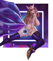 Rule 34 | 1girl, absurdres, ahegao, ahri (league of legends), animal ears, anus, artist name, black choker, blonde hair, bracelet, breasts, cervix, choker, clitoral hood, clitoris, ear piercing, facial mark, from behind, heart, high heels, highres, jewelry, lan xiezi, large breasts, large insertion, league of legends, leaning forward, long hair, nude, object insertion, piercing, pussy, pussy juice, pussy juice drip, pussy juice trail, red lips, solo, swept bangs, tagme, thighhighs, tongue, tongue out, uncensored, urethra, vaginal, vaginal object insertion, whisker markings