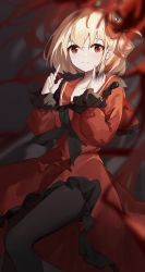 Rule 34 | 1girl, absurdres, black pantyhose, blonde hair, blurry, blurry foreground, blush, brown background, closed mouth, collarbone, commentary, cuffs, dress, english commentary, flower, hand on own face, highres, light smile, long sleeves, looking at viewer, lycoris recoil, nishikigi chisato, pantyhose, red dress, red eyes, red flower, sentter, short hair, solo, standing