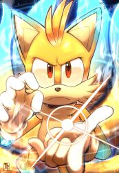 Rule 34 | 1boy, animal ears, artist logo, artist name, dated, energy ball, furry, furry male, gloves, highres, looking at viewer, nic kenten, red eyes, solo, sonic (series), super tails, tails (sonic), white gloves, yellow fur