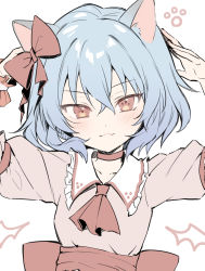 Rule 34 | 1girl, animal ears, ascot, back bow, blue hair, bow, cat ears, closed mouth, collarbone, collared shirt, frilled shirt collar, frills, hair between eyes, hair bow, highres, kemonomimi mode, limited palette, looking at viewer, puffy short sleeves, puffy sleeves, red ascot, red bow, red eyes, remilia scarlet, shirt, short hair, short sleeves, solo, touhou, upper body, wrist cuffs, yuki (popopo)