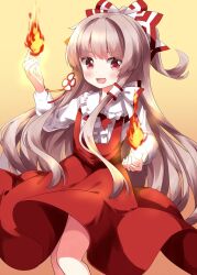 Rule 34 | 1girl, :d, alternate costume, blush, bow, brown hair, commentary request, cowboy shot, dress, fire, floating hair, frilled shirt collar, frills, fujiwara no mokou, hair bow, hair ornament, hands up, highres, long hair, long sleeves, looking at viewer, magic, open mouth, pinafore dress, pyrokinesis, red bow, red dress, red eyes, ruu (tksymkw), shirt, sidelocks, single hair tube, sleeveless, sleeveless dress, smile, solo, standing, touhou, white bow, white shirt, yellow background