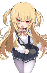 Rule 34 | 1girl, black skirt, blonde hair, blush, bow, bowtie, brown bow, brown bowtie, commentary request, copyright request, fang, highres, long hair, long sleeves, open mouth, pantyhose, polka dot, polka dot neckwear, red eyes, shimejinameko, shirt, simple background, skirt, solo, thick thighs, thighs, two side up, white background, white pantyhose, white shirt