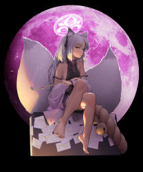 Rule 34 | 1girl, absurdres, ahoge, animal ear fluff, animal ears, bare shoulders, barefoot, bell, blue archive, crossed legs, feet, fox ears, fox girl, fox tail, full body, grey eyes, halo, highres, holding, holding smoking pipe, jingle bell, kuzunoha (blue archive), long hair, multiple tails, open mouth, sinmo (dolomang), sitting, smoking pipe, soles, solo, tail, toes, two tails, white hair