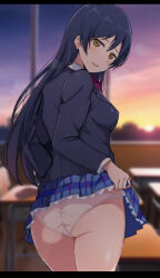 Rule 34 | 1girl, absurdres, ass, blazer, blurry, blurry background, clothes lift, from behind, highres, jacket, lifted by self, long hair, long sleeves, looking at viewer, looking back, love live!, love live! school idol project, otonokizaka school uniform, panties, plaid, plaid skirt, school uniform, skirt, skirt lift, solo, sonoda umi, sunset, underwear, wewe, white panties, yellow eyes