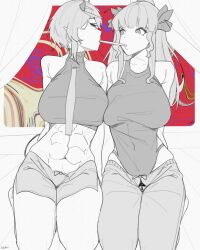 2girls abs absurdres artemis_of_the_blue atelier_live bad_id bad_twitter_id bare_shoulders blunt_bangs breasts breasts_squeezed_together demon_tail food food_in_mouth greyscale_with_colored_background hair_ribbon highres horns imp indie_virtual_youtuber leotard midriff mole mole_under_eye multiple_girls navel pants pocky pocky_in_mouth pocky_kiss pointy_ears ponytail ribbon rinkya shared_food shark_girl short_hair shorts source_request sweatpants tail tail_in_pussy toned_female tttinkaaaaa unluckytobii virtual_youtuber wavy_sidelocks yuri