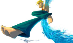 Rule 34 | 1boy, barefoot, blonde hair, blue fire, fighting stance, fire, jolly roger, male focus, marco (one piece), one piece, pants, pirate, simple background, solo, tattoo, topless male, white background