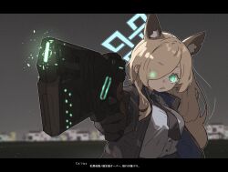 Rule 34 | 1girl, amonitto, animal ear fluff, animal ears, black gloves, black necktie, blonde hair, blue archive, blue shirt, collared shirt, dog ears, dominator (gun), film grain, gloves, glowing, glowing eyes, green eyes, gun, hair over one eye, halo, handgun, highres, holding, holding gun, holding weapon, jacket, kanna (blue archive), letterboxed, long hair, looking at viewer, necktie, open clothes, open jacket, parody, psycho-pass, sharp teeth, shirt, solo, teeth, weapon