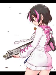 Rule 34 | 1girl, apex legends, assault rifle, beatus creation, black hair, brown eyes, cougar (cougar1404), cowboy shot, drawstring, dress, energy gun, gun, hatsume (beatus creation), holding, holding gun, holding weapon, letterboxed, looking at viewer, open mouth, pink hair, r-301 carbine, rifle, short dress, short hair, solo, standing, weapon, white background, white dress