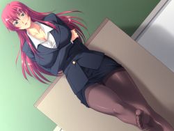 Rule 34 | 1girl, blue eyes, blush, breasts, chalkboard, classroom, cleavage, feet, large breasts, long hair, no shoes, panties, pantyhose, pantyshot, parted lips, pov, red hair, school, soles, teacher, toes, underwear