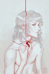 Rule 34 | 1boy, absurdres, berserk, bishounen, blood drip, closed mouth, empty eyes, grey background, griffith (berserk), half-closed eyes, hand on own chest, highres, jewelry, male focus, necklace, nigelgraz, nipples, pale skin, solo, topless male, upper body, wavy hair, white eyes, white hair