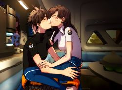 Rule 34 | 2girls, black shirt, blue pants, blush, brown hair, casual, couch, d.va (overwatch), closed eyes, facial mark, facing another, from side, hooreng, kiss, long hair, multiple girls, overwatch, overwatch (logo), overwatch 1, pants, shadow, shirt, short hair, sitting, sitting on lap, sitting on person, smile, table, tracer (overwatch), white shirt, yuri