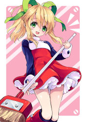 Rule 34 | 1girl, :d, blonde hair, boots, bow, broom, capcom, dress, green eyes, hair bow, hair ribbon, knee boots, long hair, long sleeves, looking at viewer, open mouth, petticoat, ponytail, red skirt, ribbon, mega man (series), mega man (classic), roll (mega man), skirt, smile, solo, standing, thigh gap, thighs, turtleneck, yukiwo