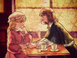 Rule 34 | 2girls, arms on table, black capelet, black skirt, blonde hair, brown eyes, brown hair, capelet, coffee mug, collared dress, collared shirt, cup, dress, elbow on table, hair ribbon, half-closed eyes, hand on own chin, hat, holding hands, indoors, kihaji140, long sleeves, looking at another, maribel hearn, medium hair, mob cap, mug, multiple girls, neck ribbon, no headwear, open mouth, purple dress, reaching, red ribbon, ribbon, saucer, shirt, short hair, sitting, skirt, smile, table, touhou, tress ribbon, usami renko, white headwear, white ribbon, white shirt, window, yellow eyes