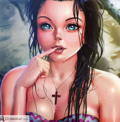 Rule 34 | 1girl, :d, bandeau, bare shoulders, bikini, bikini top only, black hair, blue eyes, breasts, cleavage, collarbone, cross, cross necklace, fine art parody, finger to mouth, hair over shoulder, highres, jewelry, lips, long hair, long legs, looking at viewer, mona lisa, necklace, nikita varb, nose, open mouth, original, parody, pendant, realistic, rock, shiny skin, smile, solo, strapless, strapless bikini, swimsuit, teeth, upper body, water, water drop, watermark, web address, wet, wet hair