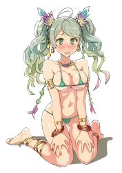 Rule 34 | 1girl, barefoot, bikini, blush, bracelet, breasts, cameltoe, cleavage, copyright request, covered erect nipples, crystal, de la fille, earrings, flying sweatdrops, full body, gradient hair, granblue fantasy, green eyes, green hair, hair ornament, jewelry, kneeling, large breasts, long hair, looking at viewer, micro bikini, multicolored hair, navel, open mouth, simple background, solo, sweatdrop, swimsuit, thigh gap, twintails, white background, yuugiri (u-slash)