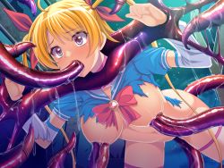 Rule 34 | 1girl, blonde hair, blush, bow, breasts, female focus, game cg, hair bow, hair ornament, hormone koijirou, long hair, magical girl, midriff, multiple penetration, navel, pink eyes, restrained, saliva, solo, spread legs, tentacles, torn clothes, triple penetration, twintails, zecchou tenshi acmerear