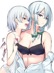 Rule 34 | 2girls, :d, bare arms, bare shoulders, bat wings, black bra, blue eyes, blush, borushichi, bow, bra, braid, breasts, camisole, cleavage, collarbone, commentary request, fangs, green bow, hair between eyes, highres, izayoi sakuya, long sleeves, looking at another, medium breasts, mini wings, multiple girls, no headwear, off shoulder, open mouth, panties, pointy ears, red eyes, remilia scarlet, shirt, short hair, silver hair, simple background, smile, touhou, twin braids, underwear, upper body, vampire, white background, white panties, white shirt, wings, yuri