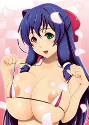 Rule 34 | 1girl, asama tomo, bikini, blue hair, blush, bow, breasts, cherry blossoms, cleavage, clothes pull, green eyes, hair bow, hair tubes, heterochromia, huge breasts, kyoukaisenjou no horizon, long hair, micro bikini, nipples, one-piece swimsuit pull, open mouth, petals, ponytail, red eyes, smile, swimsuit, tomatto (@ma!), very long hair