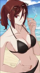 Rule 34 | 1girl, alternate costume, aozaki touko, beach, bikini, black bikini, blue sky, breasts, brown hair, brown nails, cigarette, cleavage, closed mouth, cloud, collarbone, commentary request, day, eyewear on head, fingernails, hair between eyes, hand on own hip, highres, holding, holding cigarette, kara no kyoukai, long hair, looking at viewer, medium breasts, navel, outdoors, ponytail, red eyes, sand, shintyoi2, sidelocks, sky, smile, solo, stomach, sunglasses, swimsuit, water