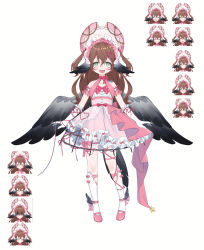 Rule 34 | &gt; &lt;, 1girl, :d, animal ears, arms at sides, artist request, bird ears, bird tail, bird wings, black wings, blush, bonnet, bow, bowtie, brown hair, dress, expressions, flower, gloves, green eyes, hair flower, hair ornament, highres, indie virtual youtuber, long hair, looking at viewer, magpie (vtuber), open mouth, pigeon-toed, pink bow, pink bowtie, pink dress, pink flower, pink footwear, pink rose, rose, shoes, simple background, smile, socks, tail, virtual youtuber, white background, white gloves, white legwear, wings