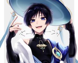 Rule 34 | 1boy, arm armor, bare shoulders, black hair, black shirt, blue gemstone, blue hat, blue vest, border, collarbone, gem, genshin impact, gold, grey background, hair between eyes, hand on headwear, hands up, hat, highres, jewelry, jingasa, looking at viewer, male focus, mandarin collar, necklace, official alternate costume, open clothes, open mouth, open vest, outside border, pom pom (clothes), purple eyes, ring, scaramouche (genshin impact), shirt, short hair, short sleeves, simple background, sleeveless, sleeveless shirt, smile, solo, teeth, tongue, two-tone vest, tyoookozuki, upper body, vest, vision (genshin impact), wanderer (genshin impact), white border, white vest