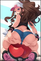 Rule 34 | 1girl, absurdres, anus, ass, ass grab, bare shoulders, baseball cap, blue eyes, blush, boots, breasts, brown hair, butt crack, cameltoe, colorized, commission, creatures (company), denim, denim shorts, from behind, full body, game freak, hat, highres, hilda (pokemon), kneeling, long hair, looking at viewer, looking back, medium breasts, midriff, nintendo, nipples, no panties, open mouth, partially visible vulva, poke ball, pokemon, pokemon bw, ponytail, shorts, sidelocks, sleeveless, solo, spread anus, spread anus under clothes, spread ass, teeth, tongue, uncensored, upper teeth only, vest, waru-geli, wedgie, wristband