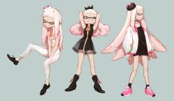Rule 34 | 1girl, ;d, alternate costume, alternate hairstyle, arms up, bare arms, black dress, boots, casual, crown, dress, full body, highres, inkling, jacket, leggings, long hair, long sleeves, looking at viewer, looking to the side, midriff, mini crown, mole, mole under mouth, navel, nintendo, one eye closed, open clothes, open mouth, pearl (splatoon), see-through, shoes, short hair, sitting, sleeveless, smile, sneakers, solo focus, splatoon (series), splatoon 2, standing, tentacle hair, very long hair, white hair, white legwear, yellow eyes, zambiie, zipper, zipper pull tab