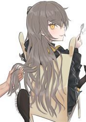Rule 34 | 1girl, absurdres, black jacket, black pantyhose, blush, chair, feet out of frame, from behind, fuku00, girls&#039; frontline, grey hair, hair ornament, hairclip, highres, holding, holding spoon, jacket, long hair, looking at viewer, looking back, open mouth, pantyhose, side ponytail, sitting, smile, solo, spoon, ump45 (girls&#039; frontline), white background, yellow eyes