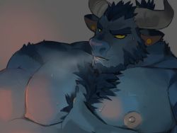 Rule 34 | 1boy, animal ears, bara, bead necklace, beads, beard, blue hair, blue oni, blue oni (saltypoundcake), blue skin, breath, chest hair, colored sclera, colored skin, cow ears, cow horns, dark blue hair, facial hair, fang, fat, fat man, furrification, furry, furry male, grabbing, horns, jewelry, large pectorals, male focus, minotaur, monster boy, muscular, necklace, nipples, oni, oni horns, original, pectoral focus, pectoral grab, pectorals, pointy ears, saltypoundcake, grabbing own breast, short hair, solo, sweatdrop, thick eyebrows, upper body, yellow sclera