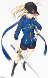 Rule 34 | 1girl, ahoge, artoria pendragon (fate), baseball cap, blonde hair, blue scarf, boots, excalibur (fate/stay night), fame peera, fate/grand order, fate/stay night, fate (series), green eyes, hand on own hip, hat, jacket, knee boots, mysterious heroine x (fate), ponytail, rojiura satsuki : chapter heroine sanctuary, saber (fate), scarf, shorts, solo, sword, track jacket, weapon