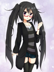 Rule 34 | 1girl, amano kouki, bespectacled, flat chest, glasses, long hair, looking at viewer, note-chan, original, purple eyes, solo, thighhighs, twintails, very long hair