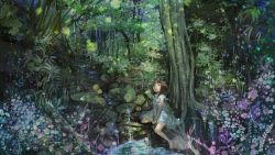 Rule 34 | 1girl, :o, blue dress, bow, brown eyes, brown hair, bush, dress, fireflies, flower, forest, full body, highres, looking at viewer, nature, open mouth, original, outdoors, plant, pond, river, rock, scenery, short hair, short sleeves, sitting, tree, water, waterfall, wide shot, yukinokoe