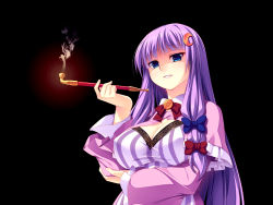Rule 34 | 1girl, bad id, bad pixiv id, blue eyes, breasts, capelet, cleavage, cookie (touhou), crescent, crescent hair ornament, darkness, dress, hair ornament, hair ribbon, holding, holding smoking pipe, ketsushi, kiseru, large breasts, long hair, long sleeves, looking at viewer, no headwear, patchouli knowledge, purple hair, ribbon, shaded face, smirk, smoke, smoking, smoking pipe, solo, striped clothes, striped dress, taisa (cookie), touhou, tress ribbon, very long hair, wide sleeves