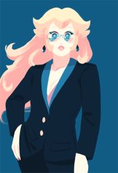 Rule 34 | 1girl, arm at side, black pants, black suit, blonde hair, blue background, blue eyes, contemporary, earrings, gigi d.g., hand on own hip, jewelry, long hair, looking at viewer, mario (series), nintendo, pants, parted lips, pink lips, princess peach, sidelocks, solo, standing, suit, sunglasses, very long hair