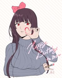 Rule 34 | 1girl, absurdres, arm up, art brush, blunt bangs, bow, cropped torso, girls&#039; frontline, grey sweater, hair bow, happy birthday, heart, heart print, highres, holding, holding paintbrush, inkwell, jewelry, long hair, long sleeves, looking at viewer, open mouth, paintbrush, parted lips, pink bow, purple hair, red eyes, ribbed sweater, ring, simple background, solo, stigmamyu, striped, striped background, sweater, turtleneck, turtleneck sweater, upper body, wa2000 (girls&#039; frontline)