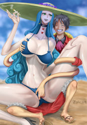 Rule 34 | 1boy, 1girl, grabbing another&#039;s breast, breasts, charlotte amande, cleavage, curvy, grabbing, highres, large breasts, monkey d. luffy, one piece, pussy, smile, smoking