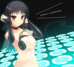 Rule 34 | 1girl, arms behind head, bad id, bad pixiv id, black hair, blush, breasts squeezed together, breasts, bridal gauntlets, cable, choker, elbow gloves, english text, engrish text, female focus, gloves, headphones, large breasts, long hair, looking at viewer, navel, nipples, nude, ohta yuichi, orange eyes, original, ranguage, ribs, romaji text, solo, upper body, you&#039;re doing it wrong