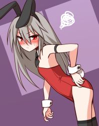 1girl animal_ears blush commentary detached_collar elena_trafalgar embarrassed fake_animal_ears female_focus flat_chest highres ikune_juugo leotard long_hair original playboy_bunny rabbit_ears red_eyes silver_hair solo thighhighs wrist_cuffs