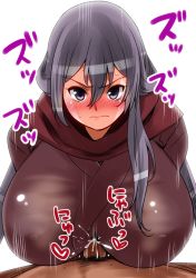 Rule 34 | 10s, 1girl, arms behind back, bad id, bad pixiv id, blush, breasts, cum, dragon yukano, ejaculation, ejaculation under clothes, full-face blush, handsfree paizuri, heart, huge breasts, japanese clothes, long hair, looking at viewer, male pubic hair, motion lines, ninja slayer, paizuri, paizuri under clothes, penis, perepere-kun, pov, pubic hair, purple eyes, purple hair, scarf, simple background, solo focus, sweat, translation request