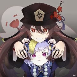 Rule 34 | 2girls, bead necklace, beads, black nails, brown hair, chinese clothes, closed eyes, earrings, genshin impact, ghost, hat, highres, hu tao (genshin impact), jewelry, jiangshi, looking at viewer, multiple girls, nail polish, necklace, purple eyes, purple hair, qiqi (genshin impact), red eyes, ring, smile, symbol-shaped pupils, teeth, twintails, zaregotoneko