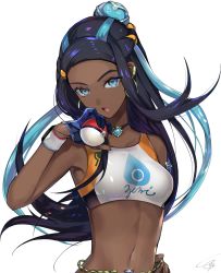 Rule 34 | 1girl, bad id, bad twitter id, bare shoulders, belly chain, black hair, blue eyes, blue gloves, blue hair, breasts, clothes writing, commentary request, creatures (company), crop top, dark-skinned female, dark skin, earrings, forehead, game freak, glint, gloves, gold earrings, gym leader, hair bun, hair ornament, hand on own hip, highres, holding, holding poke ball, hoop earrings, jewelry, long hair, looking at viewer, multicolored hair, navel, necklace, nessa (pokemon), nintendo, open mouth, poke ball, poke ball (basic), pokemon, pokemon swsh, signature, simple background, single glove, single hair bun, small breasts, solo, stomach, sweatband, tcb, two-tone hair, upper body, very long hair, white background