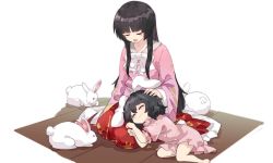 Rule 34 | 2girls, :3, animal ears, barefoot, black hair, blunt bangs, blush, bow, bowtie, carrot necklace, closed eyes, closed mouth, commentary request, dress, flat chest, floppy ears, floral print, frilled sleeves, frills, full body, headpat, hime cut, houraisan kaguya, inaba tewi, japanese clothes, jewelry, lap pillow, long hair, long skirt, long sleeves, multiple girls, necklace, nejikyuu, open mouth, pendant, pink dress, pink shirt, puffy short sleeves, puffy sleeves, rabbit, rabbit ears, rabbit tail, red skirt, ribbon-trimmed dress, seiza, shirt, short hair, short sleeves, sitting, skirt, smile, tail, touhou, very long hair, white bow, white bowtie, wide sleeves