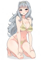 Rule 34 | 1girl, bare legs, bikini, blunt bangs, blush, breasts, cleavage, covered erect nipples, full body, hairband, hands on thighs, highres, idolmaster, idolmaster (classic), kneeling, kyokutou hentai samurai, large breasts, long hair, looking at viewer, navel, open mouth, purple eyes, shijou takane, silver hair, simple background, solo, swimsuit, white background, yellow bikini