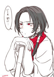 Rule 34 | 10s, 1boy, black hair, blush, broom, dated, earrings, japanese clothes, jewelry, kashuu kiyomitsu, limited palette, long hair, male focus, nail polish, ponytail, red eyes, red nails, red scarf, scarf, simple background, solo, sumeragi kohaku, touken ranbu, translation request, white background